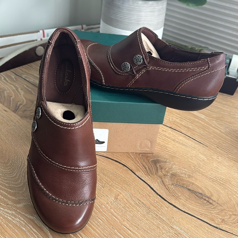 Clarks Dark Brown Leather Clogs with Button Detail